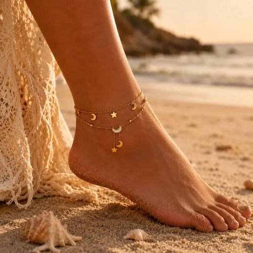 Cassia Luxe 18k Gold Double Layer Celestial Moon and Star Gold Anklet