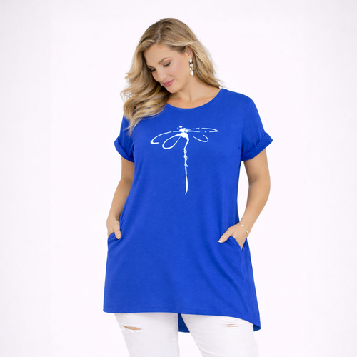Dragonfly Long Dipped Hem T-Shirt with Pockets