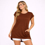 Long Dipped-Hem T-Shirt with Side Pockets