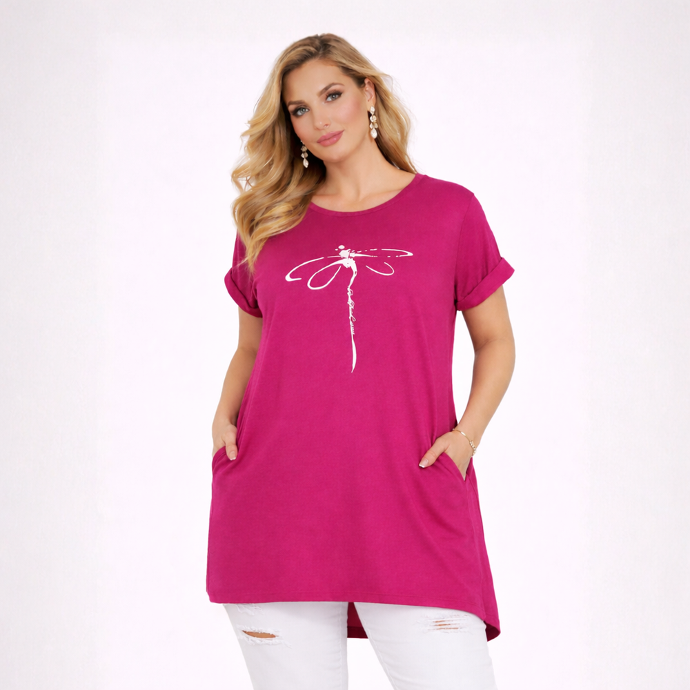 Dragonfly Long Dipped Hem T-Shirt with Pockets