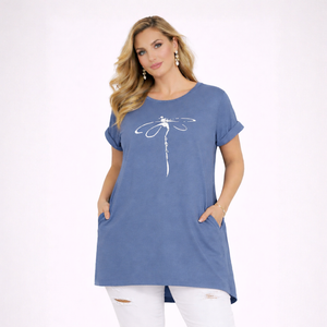 Dragonfly Long Dipped Hem T-Shirt with Pockets