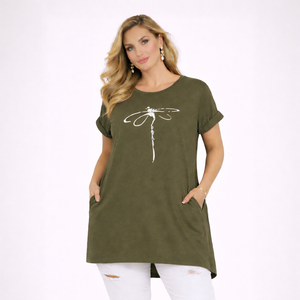 Dragonfly Long Dipped Hem T-Shirt with Pockets
