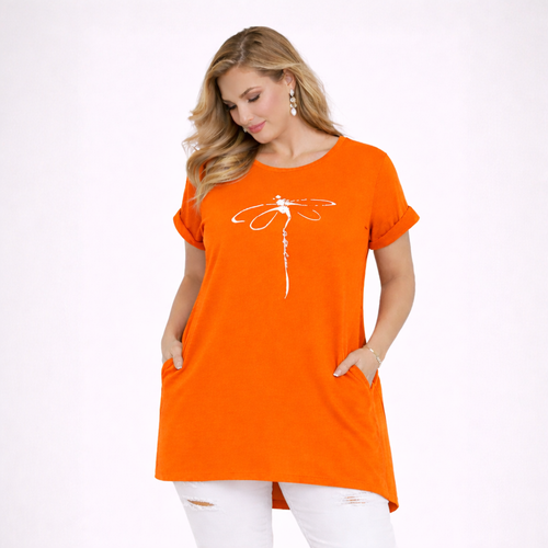 Dragonfly Long Dipped Hem T-Shirt with Pockets
