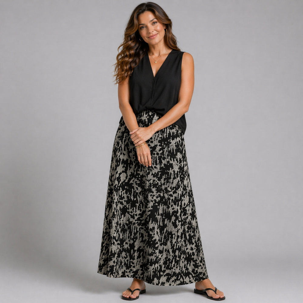 Black Tie Dye Effect Elastic Waist Maxi Skirt
