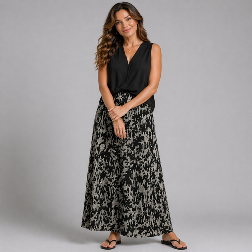 Black Tie Dye Effect Elastic Waist Maxi Skirt