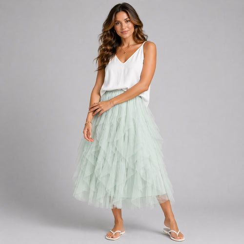Net Layered and Ruffled Maxi Tulle Skirt