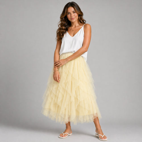 Net Layered and Ruffled Maxi Tulle Skirt