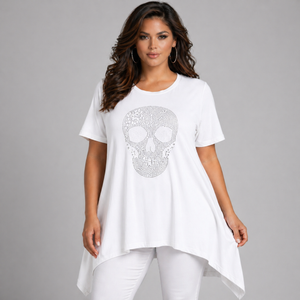 Short Sleeve Hanky Hem Studded Skull Long Length Top