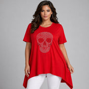 Short Sleeve Hanky Hem Studded Skull Long Length Top