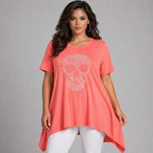 Short Sleeve Hanky Hem Studded Skull Long Length Top