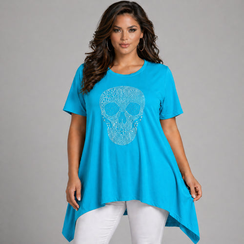 Short Sleeve Hanky Hem Studded Skull Long Length Top