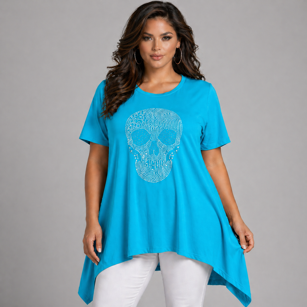 Short Sleeve Hanky Hem Studded Skull Long Length Top