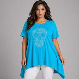 Short Sleeve Hanky Hem Studded Skull Long Length Top