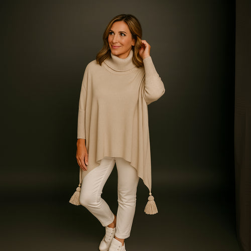 Polo Neck Oversized Jumper with Tassle Detail