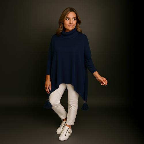 Polo Neck Oversized Jumper with Tassle Detail