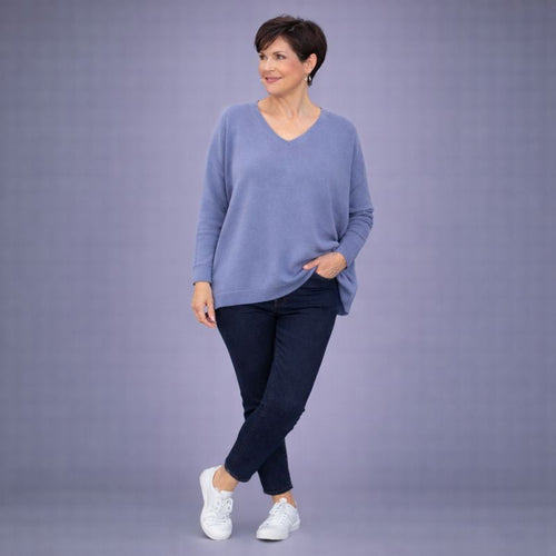 Fine Knit Oversized V Neck Jumper with Fitted Sleeves