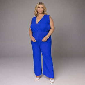 V-Neck Jumpsuit with Pleated Cap Sleeves & Frilled Hem