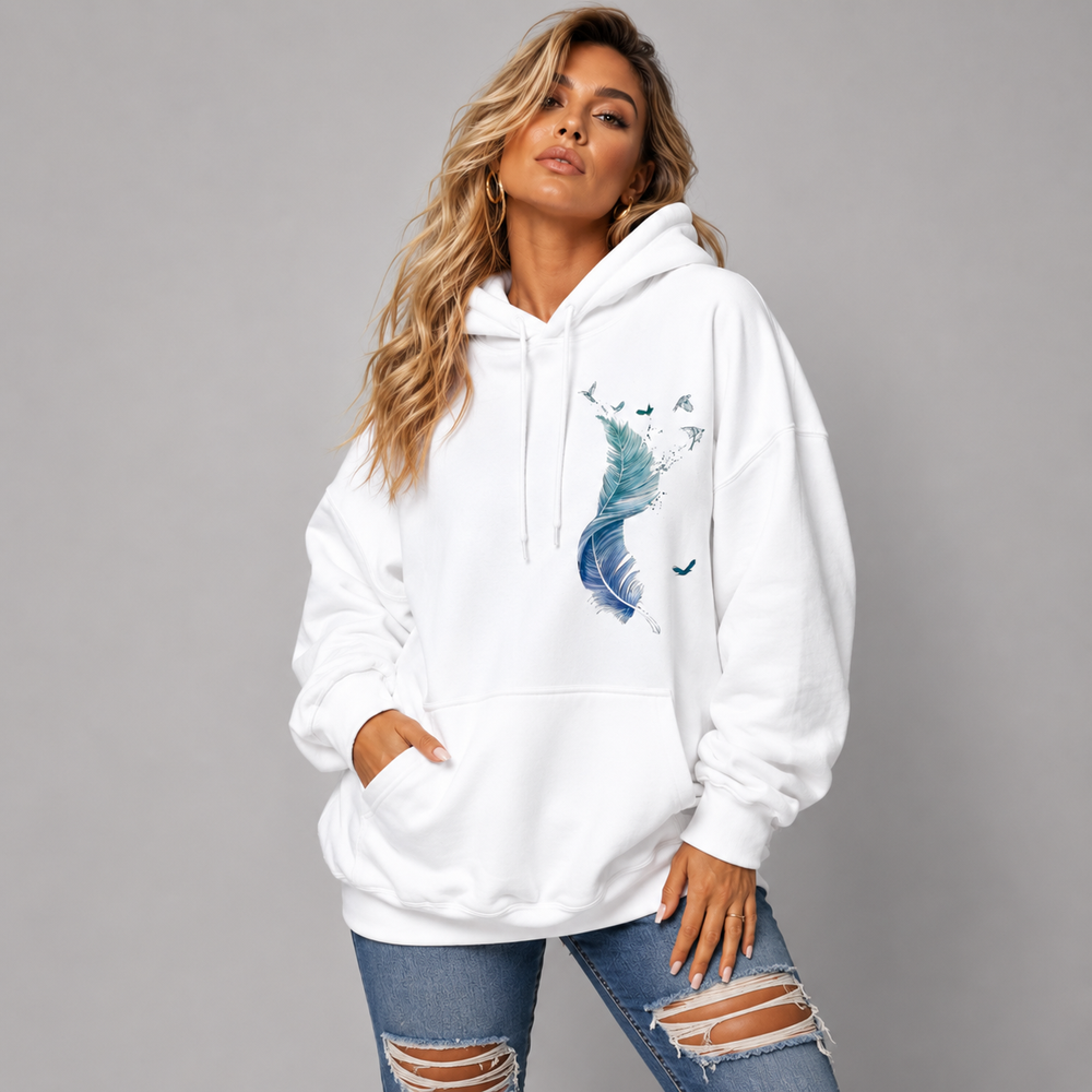 Cotton Hoodie Blue Feather Graphic