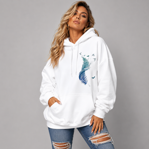 Cotton Hoodie Blue Feather Graphic