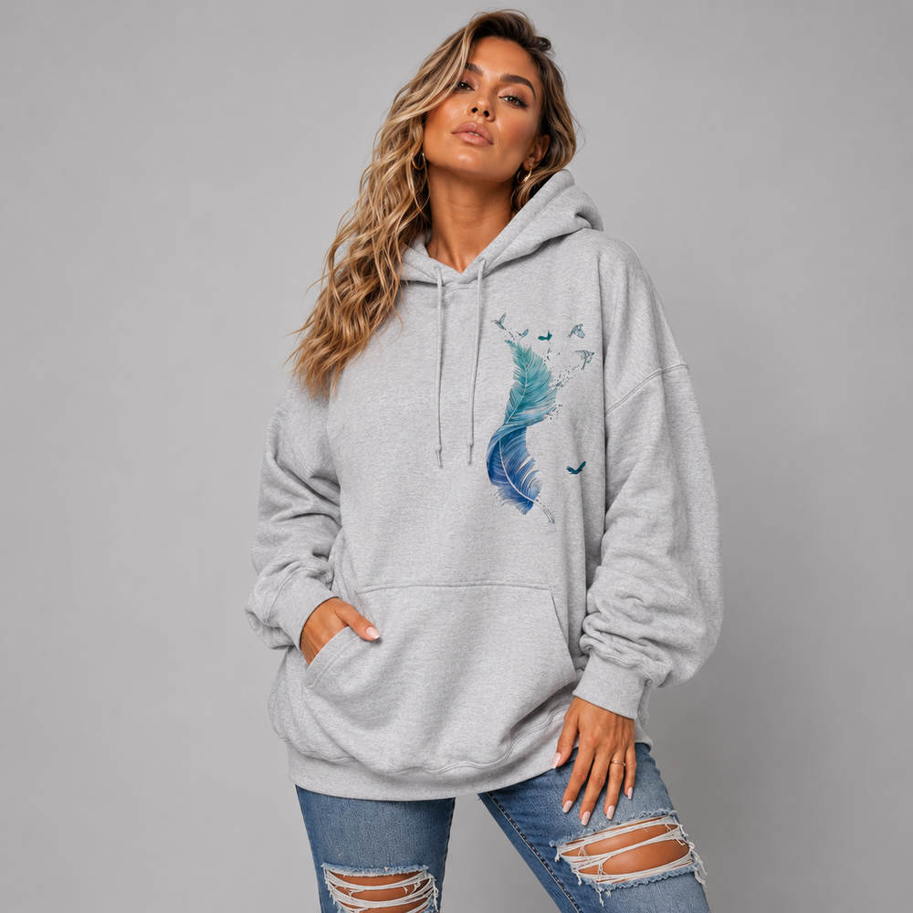 Cotton Hoodie Blue Feather Graphic