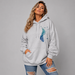 Cotton Hoodie Blue Feather Graphic