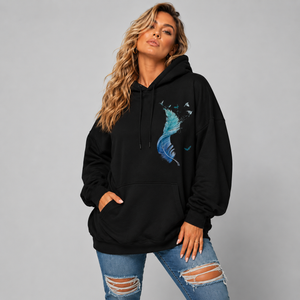 Cotton Hoodie Blue Feather Graphic
