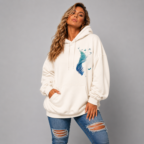 Cotton Hoodie Blue Feather Graphic