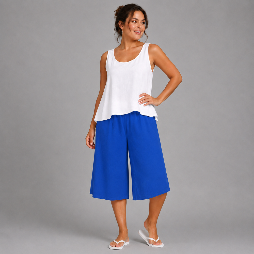 Plain Elastic High Waist Wide Leg Culottes Shorts