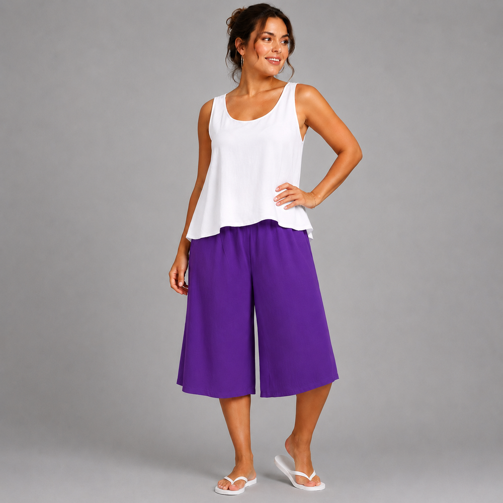 Plain Elastic High Waist Wide Leg Culottes Shorts