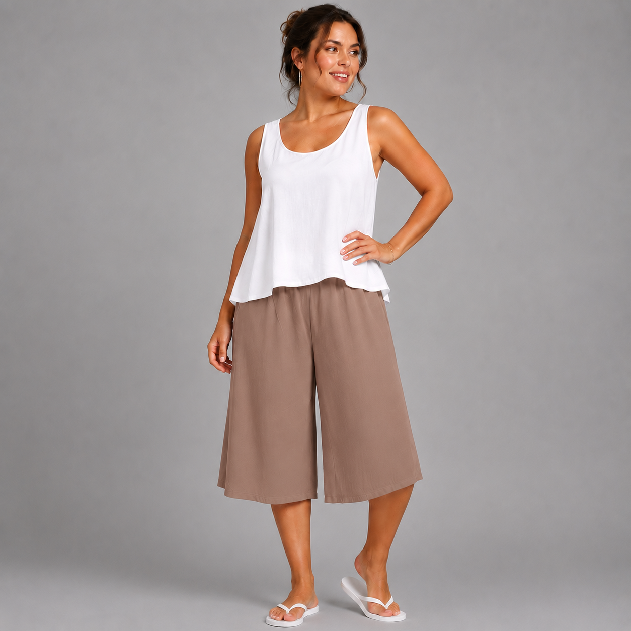 Plain Elastic High Waist Wide Leg Culottes Shorts