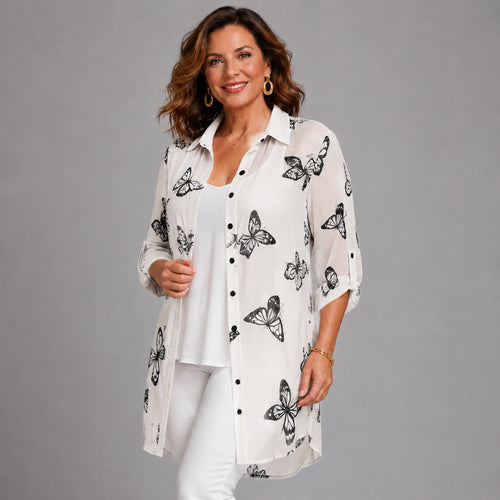 Long Length Chiffon Blouse / Shirt with Butterfly Print