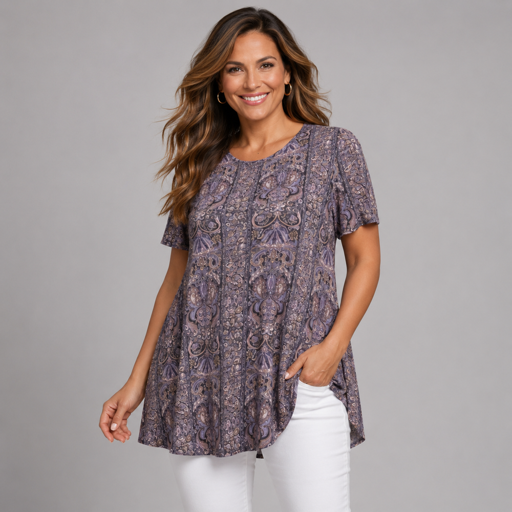 Purple Paisley Short Sleeve Swing Top