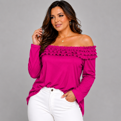 Ruffled Neckline Off Shoulder Long Sleeve Blouse