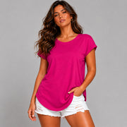 Plain Dipped Hem T-shirt with Roll Cap Sleeves