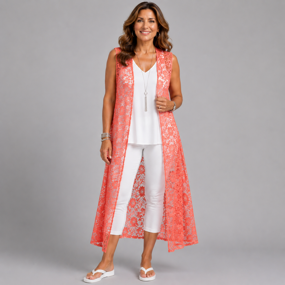Sleeveless Lace Open Front Duster Jacket