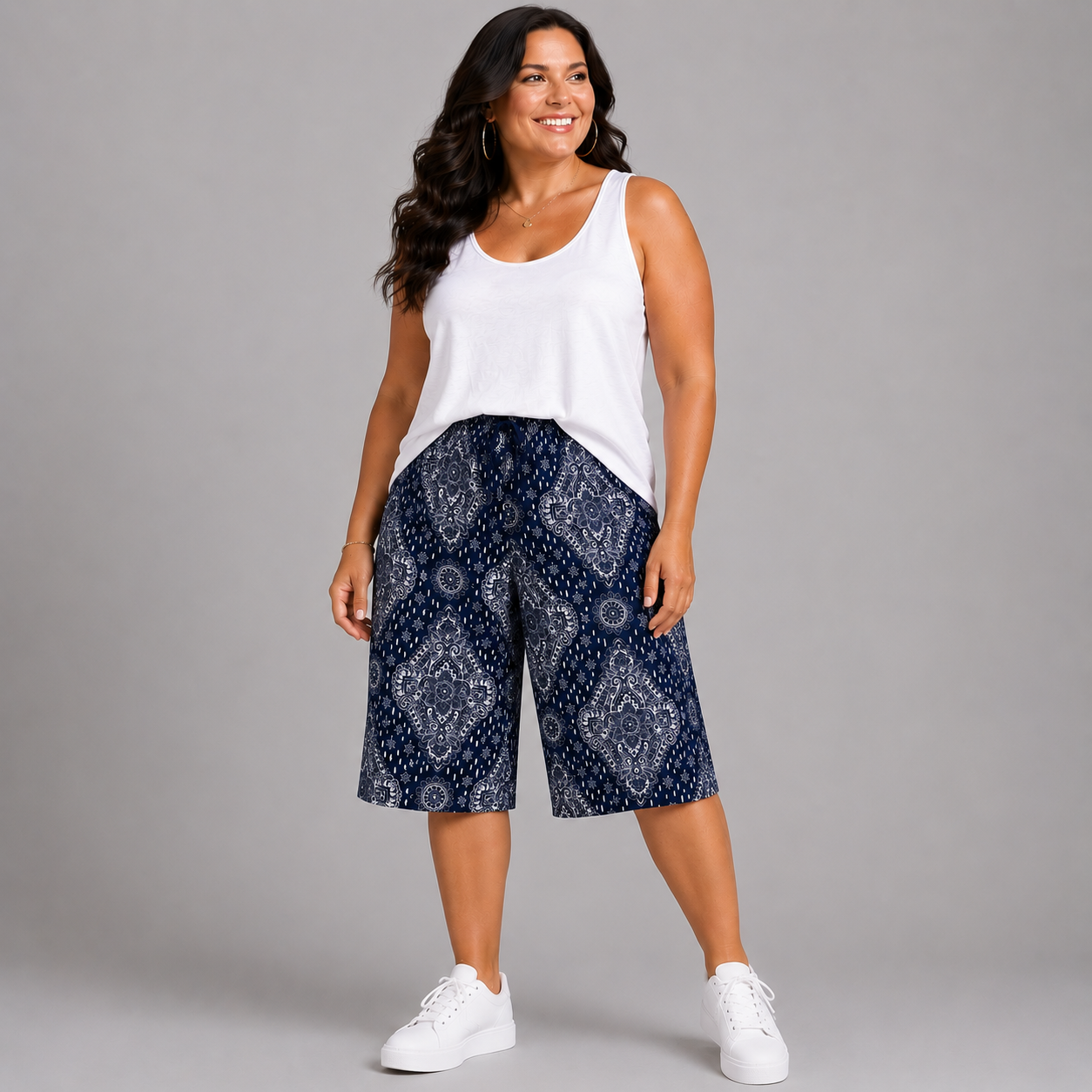 Moroccan Tile Print Elastic Waist Culottes