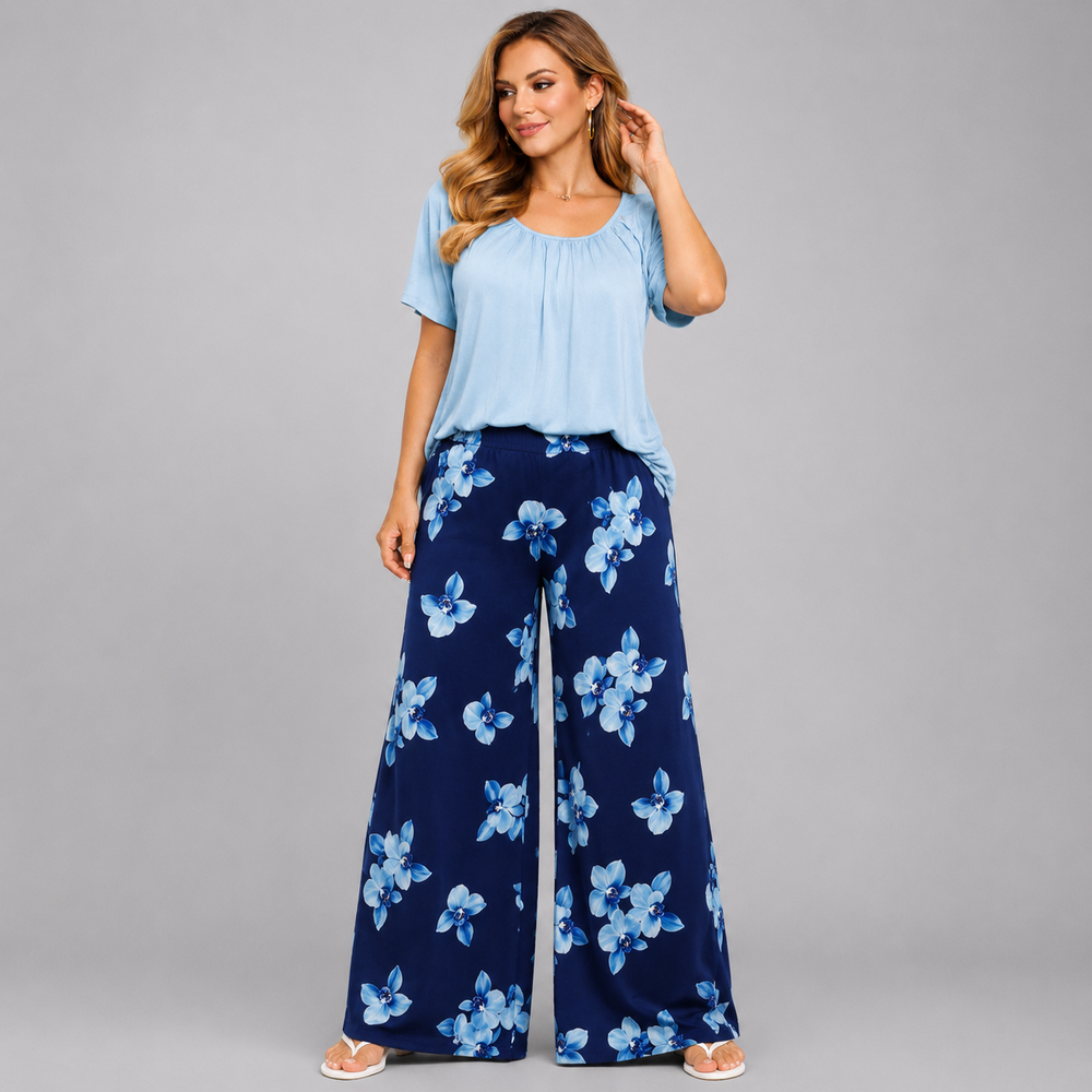 Lily Print Wide Leg Elastic Waist Palazzo Trousers