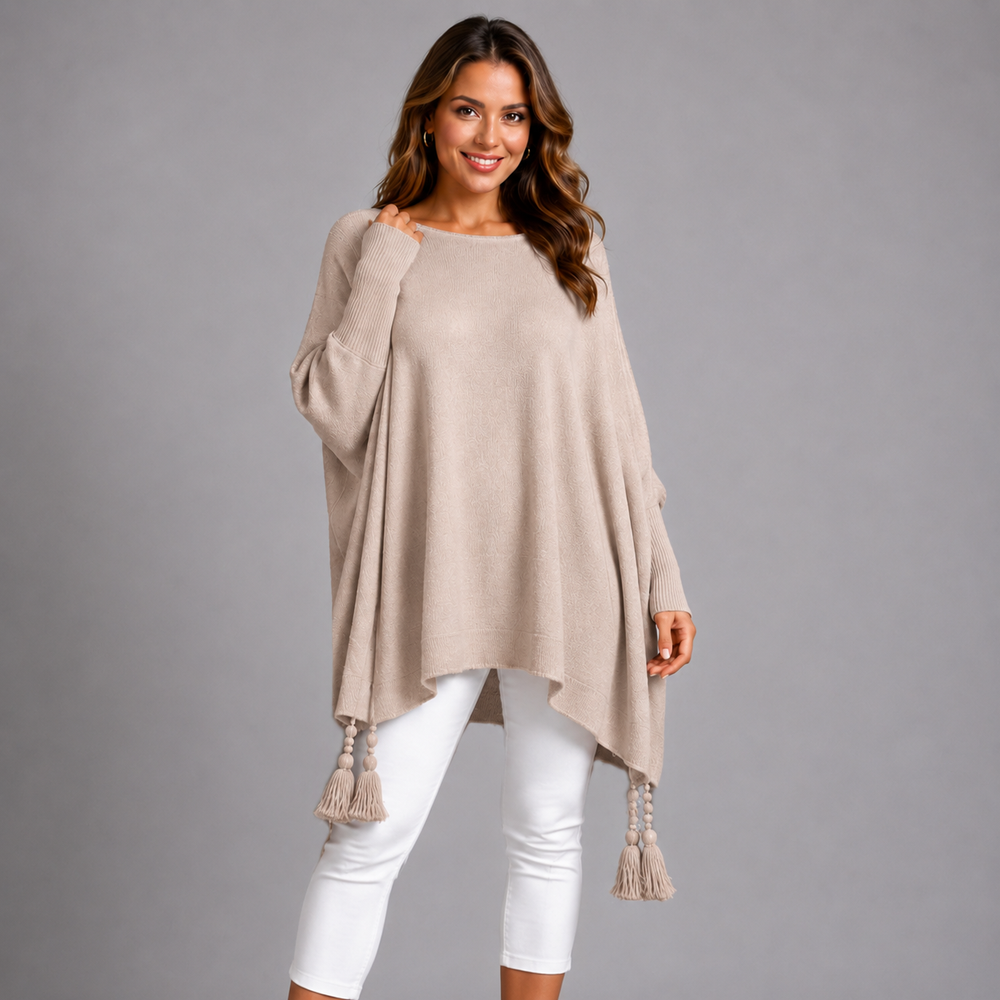 Slash Neck Oversized Jumper with Tassel Detail