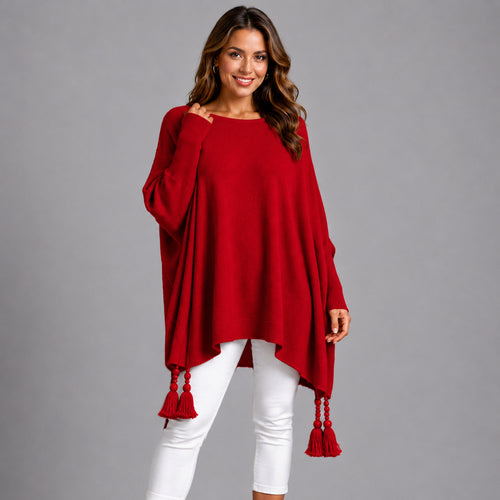 Slash Neck Oversized Jumper with Tassel Detail
