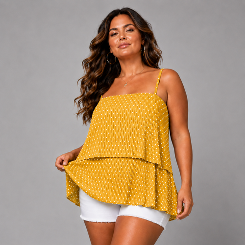Polka Dot Strappy Pleated Layered Cami Top Blouse