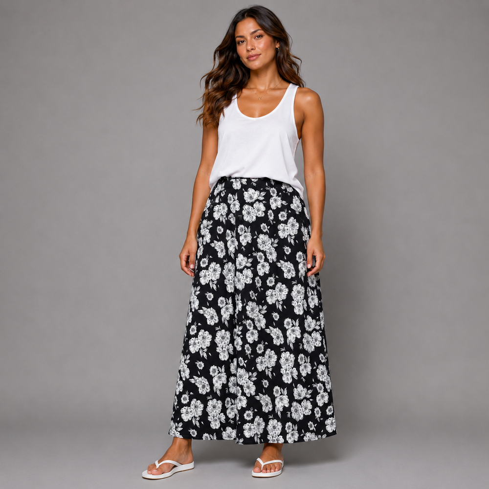 Black White Large Flowers Elastic Waist Maxi Skirt