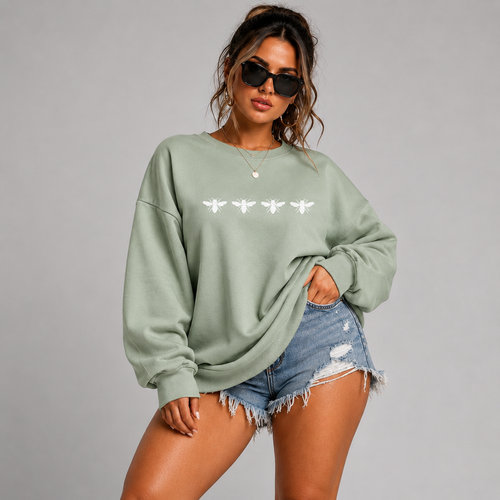 Cotton Sweatshirt with 4 White Bees Detail