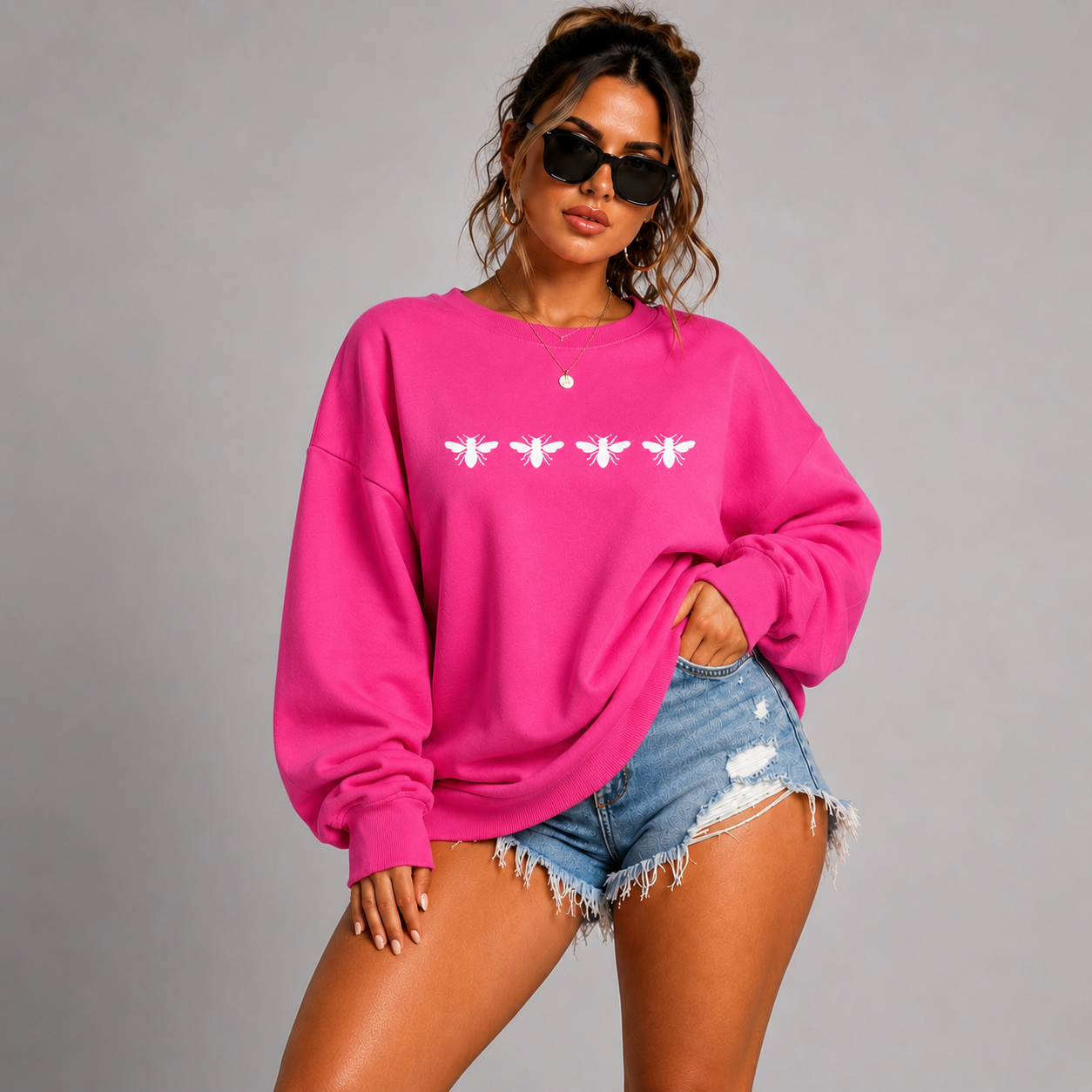 Cotton Sweatshirt with 4 White Bees Detail