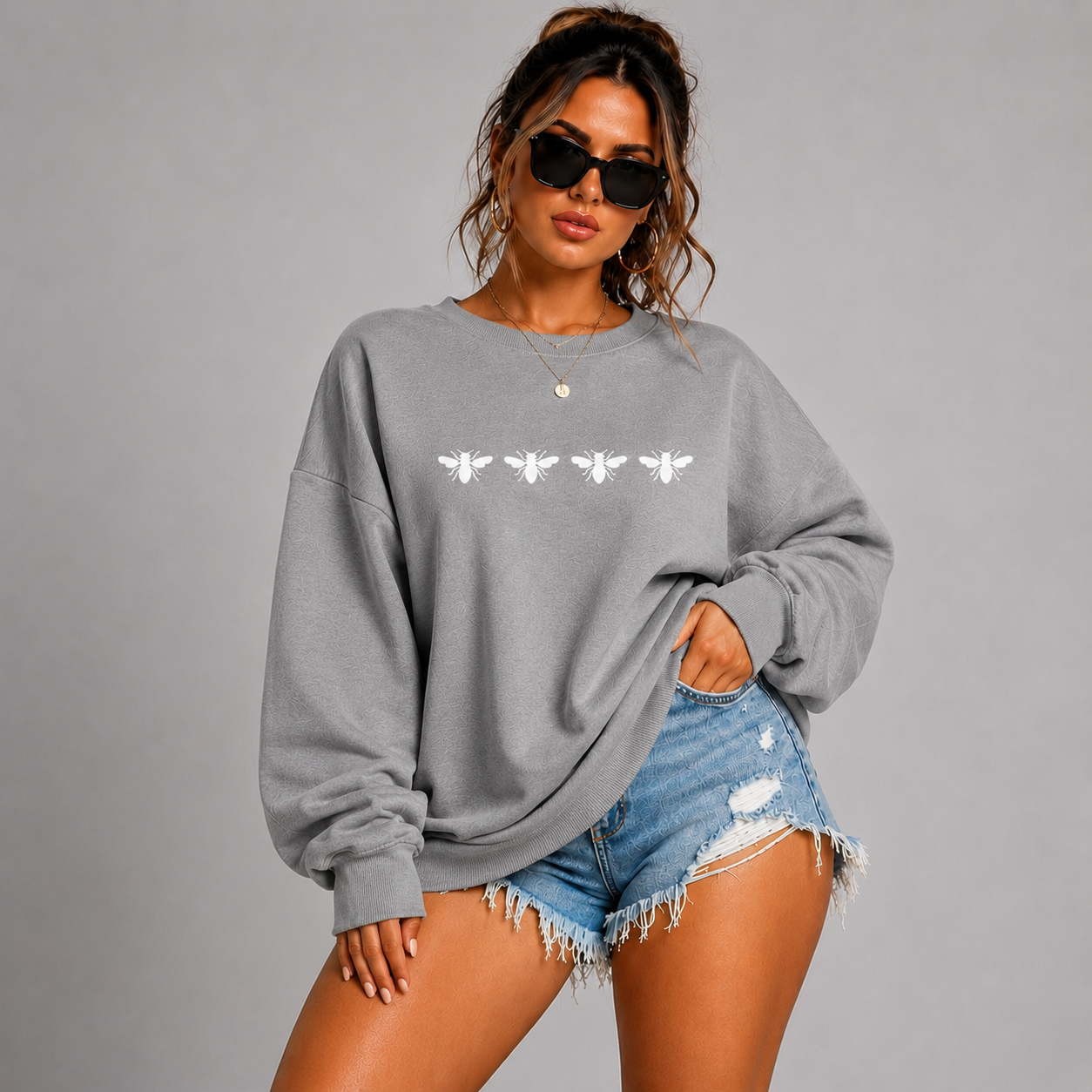 Cotton Sweatshirt with 4 White Bees Detail