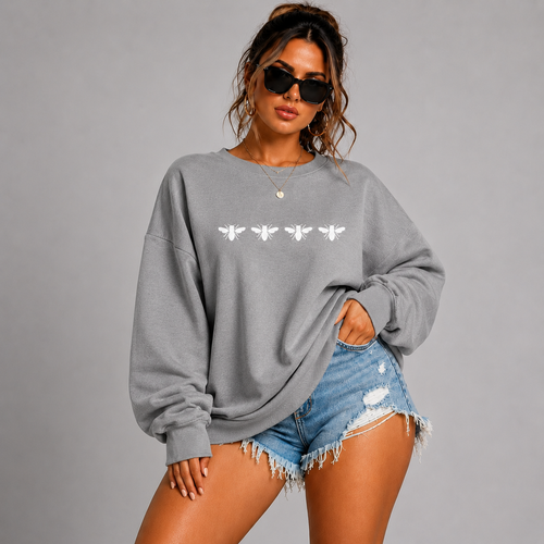 Cotton Sweatshirt with 4 White Bees Detail