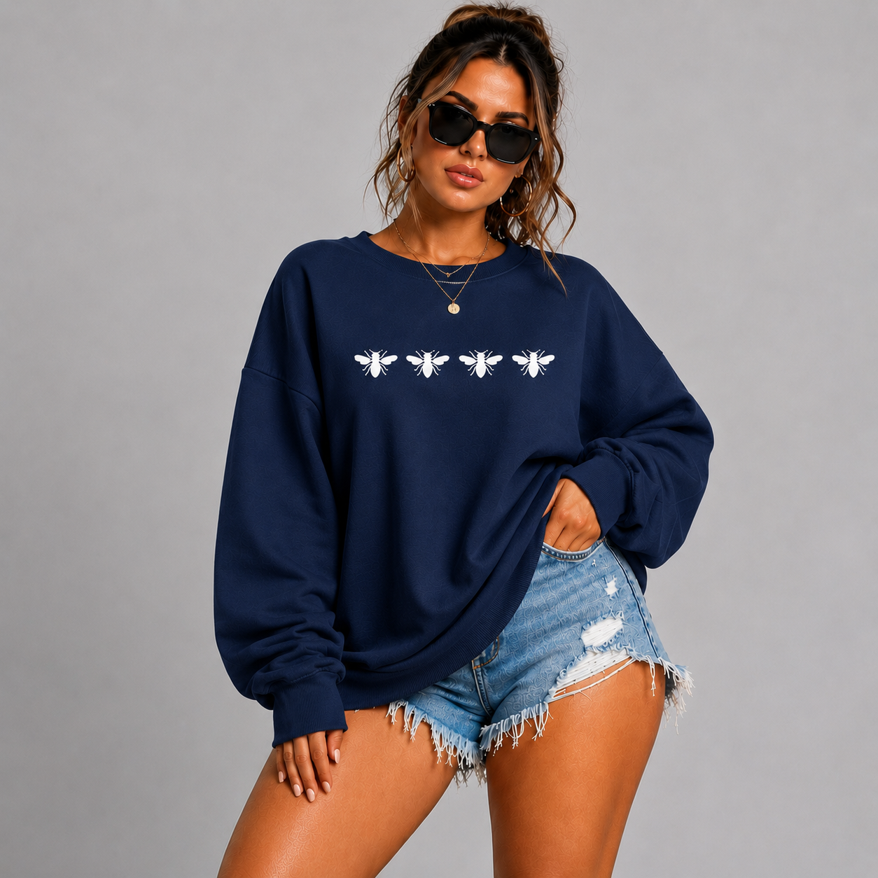 Cotton Sweatshirt with 4 White Bees Detail