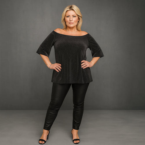Bardot Off Shoulder Trumpet Sleeve Sparkly Top
