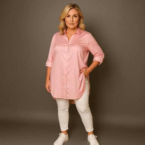 Dipped Hem Satin Shirt with 3/4 button Tab Sleeves