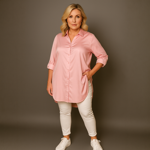 Dipped Hem Satin Shirt with 3/4 button Tab Sleeves