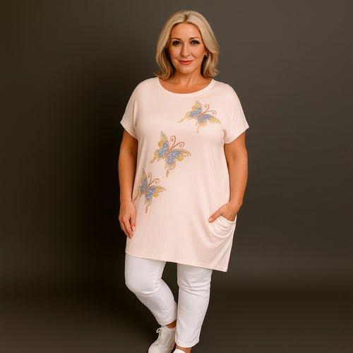 Sequin Butterfly Dipped Hem Top with Pockets